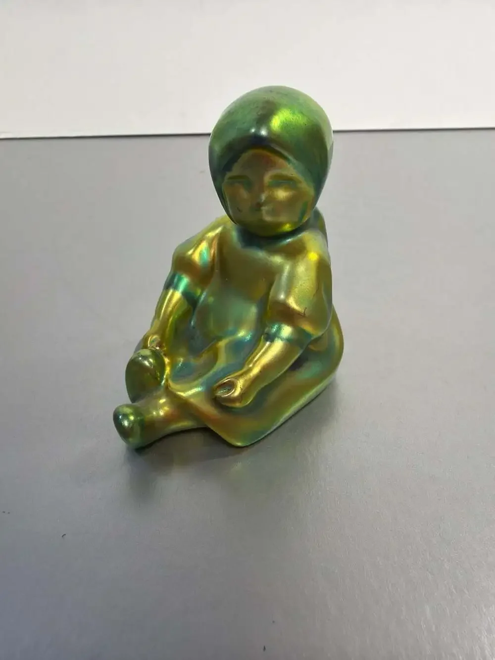 Zsolnay Eosin Iridescent Green Sitting Child Baby Figurine‎ Hungary